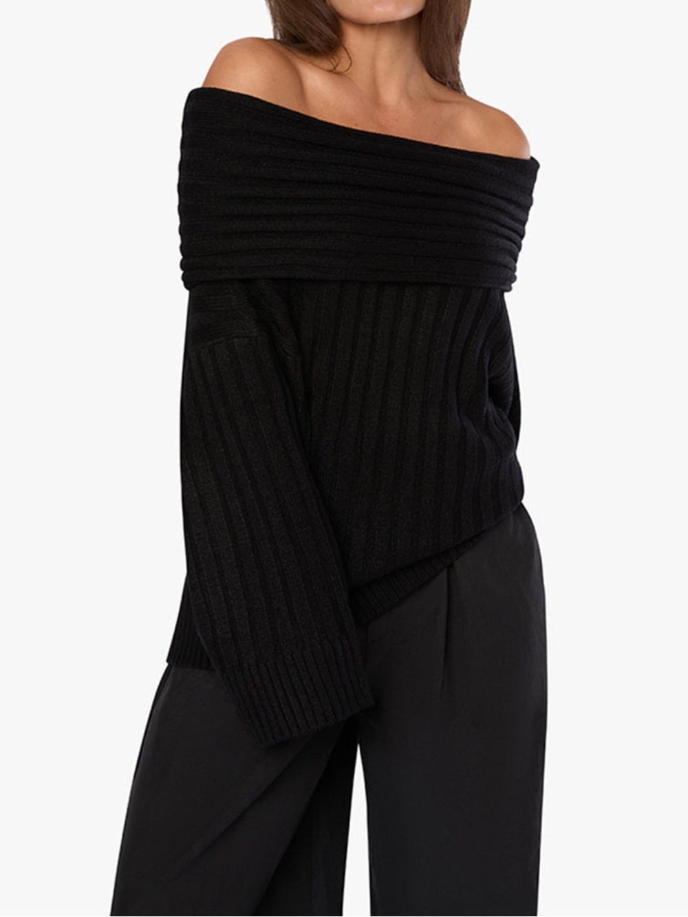 WeWoreWhat Oversized Off-the-Shoulder Ribbed Black Sweater